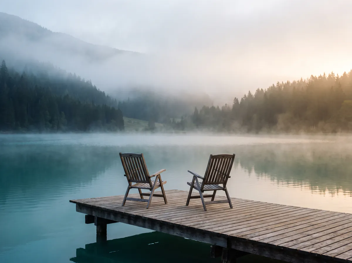 Two deckchairs facing the sunrise on a lakeside pontoon